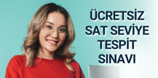 Kırmızı kazaklı genç bir kadın laptop kullanarak SAT seviye tespit sınavına hazırlanıyor. Görselde “Ücretsiz SAT Seviye Tespit Sınavı” yazısı yer alıyor.