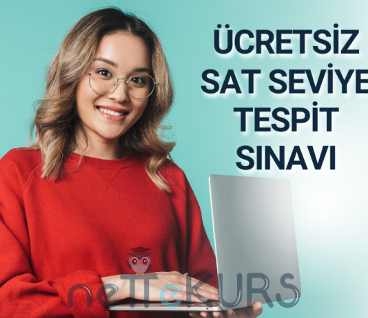 Kırmızı kazaklı genç bir kadın laptop kullanarak SAT seviye tespit sınavına hazırlanıyor. Görselde “Ücretsiz SAT Seviye Tespit Sınavı” yazısı yer alıyor.